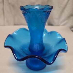 Vintage Empoli Blue Glass Epergne Ruffled Single Horn Italy Mid-Century Vase